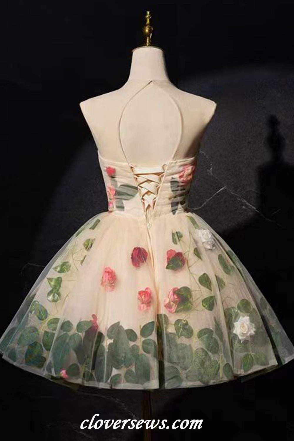 Handmade Flowers Leaves Illusion Neck A-line Garden Forest Short Wedding Dresses, CW0401