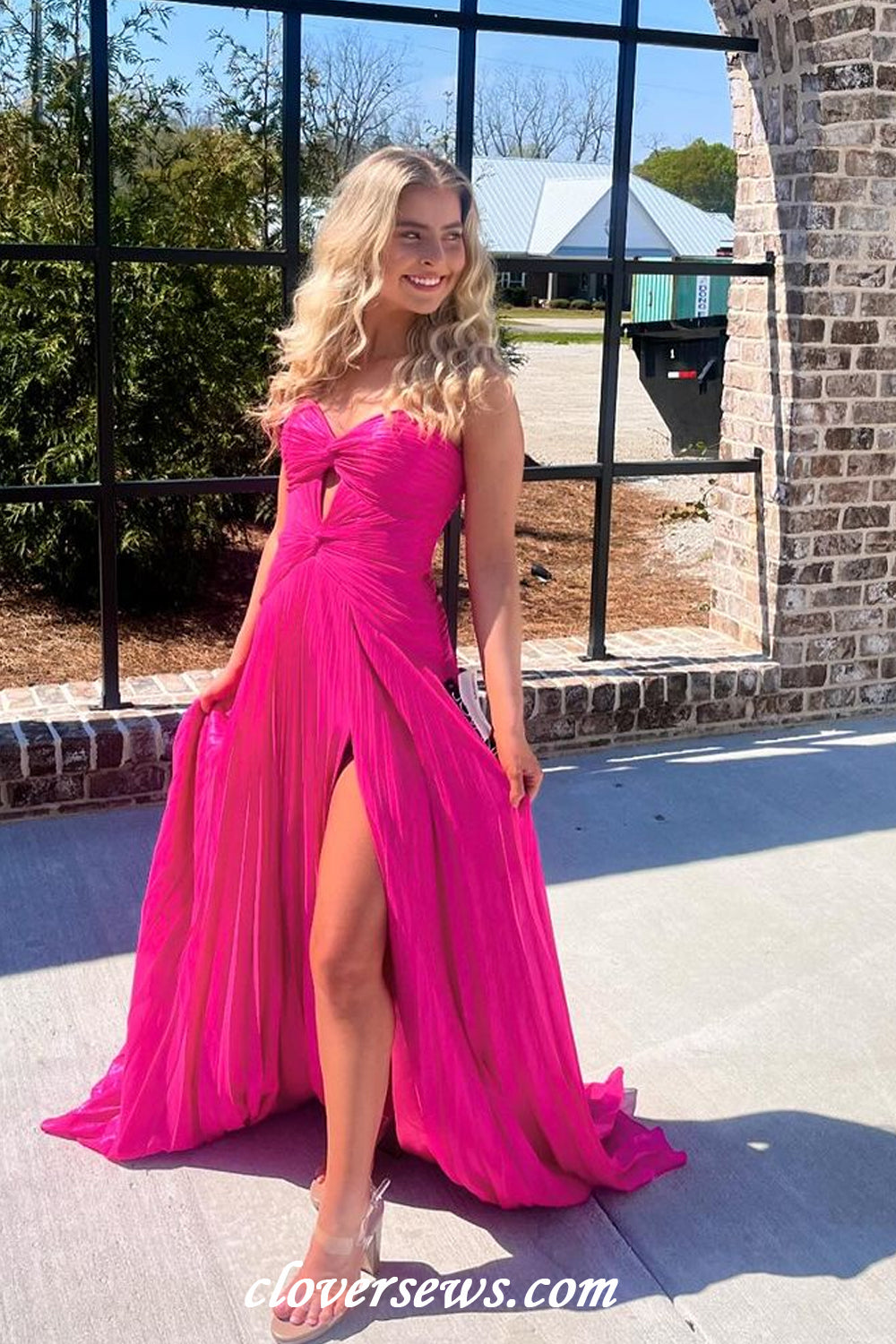 Hot Pink Pleating Chiffon Sweetheart Strapless A-line With Side Slit Long Bridesmaid Dresses, CB0323