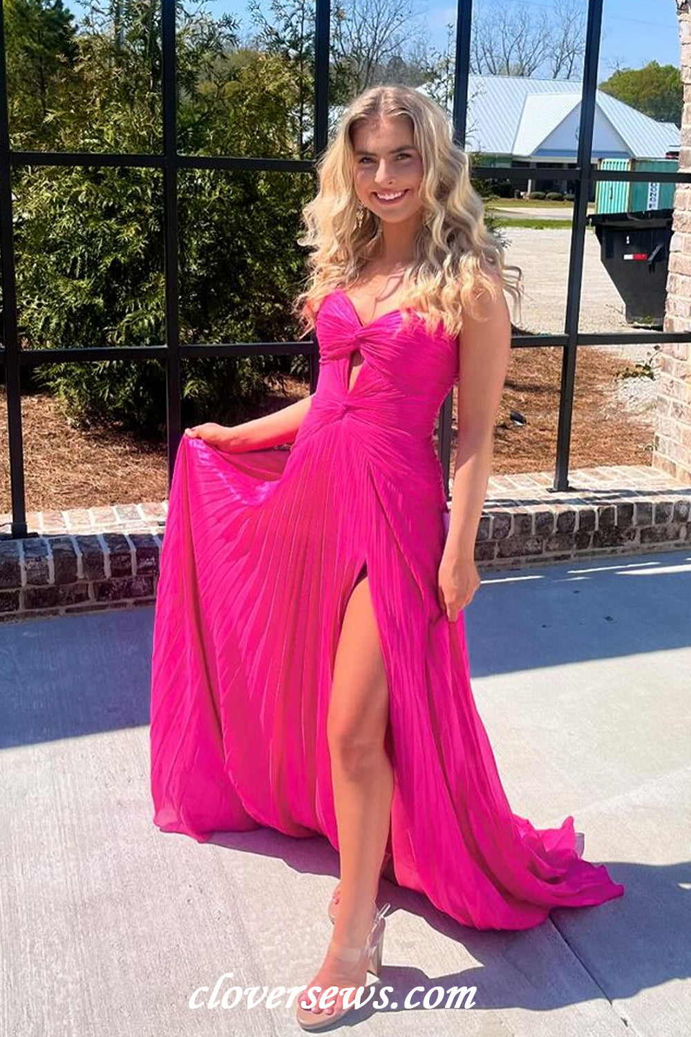 Hot Pink Pleating Chiffon Sweetheart Strapless A-line With Side Slit Long Bridesmaid Dresses, CB0323