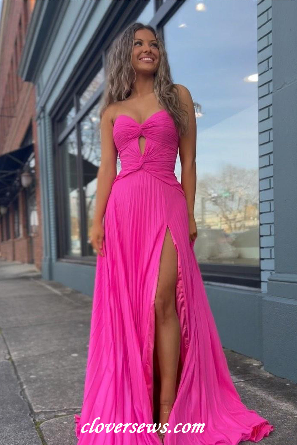Hot Pink Pleating Chiffon Sweetheart Strapless A-line With Side Slit Long Bridesmaid Dresses, CB0323
