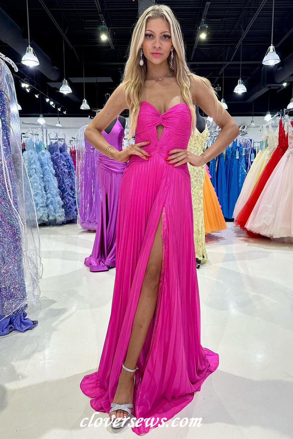 Hot Pink Pleating Chiffon Sweetheart Strapless A-line With Side Slit Long Bridesmaid Dresses, CB0323