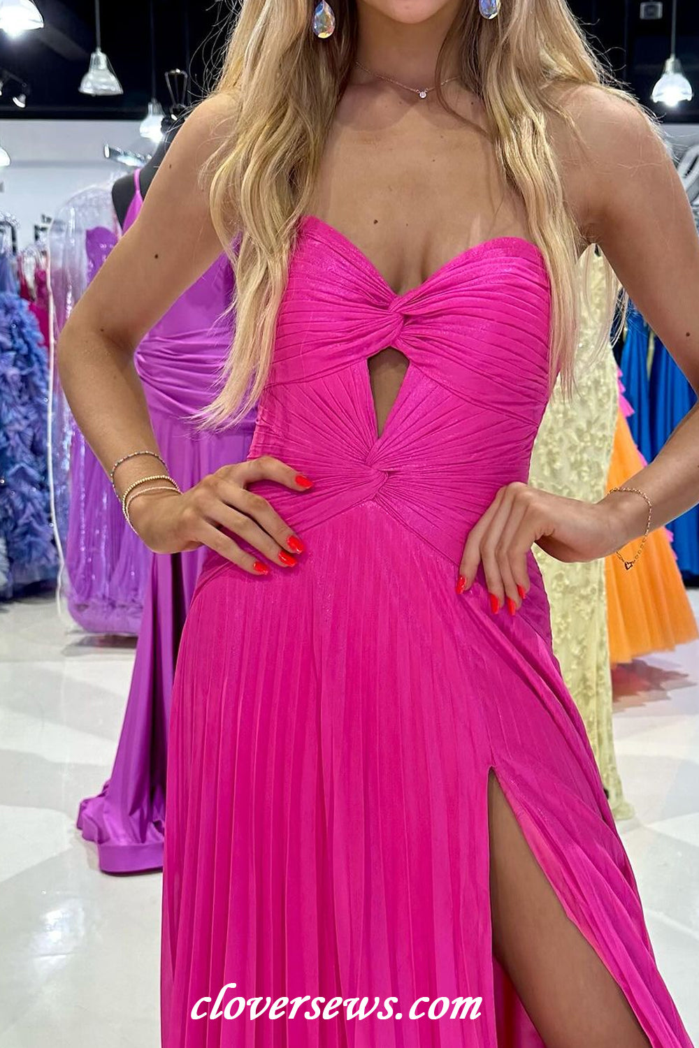 Hot Pink Pleating Chiffon Sweetheart Strapless A-line With Side Slit Long Bridesmaid Dresses, CB0323