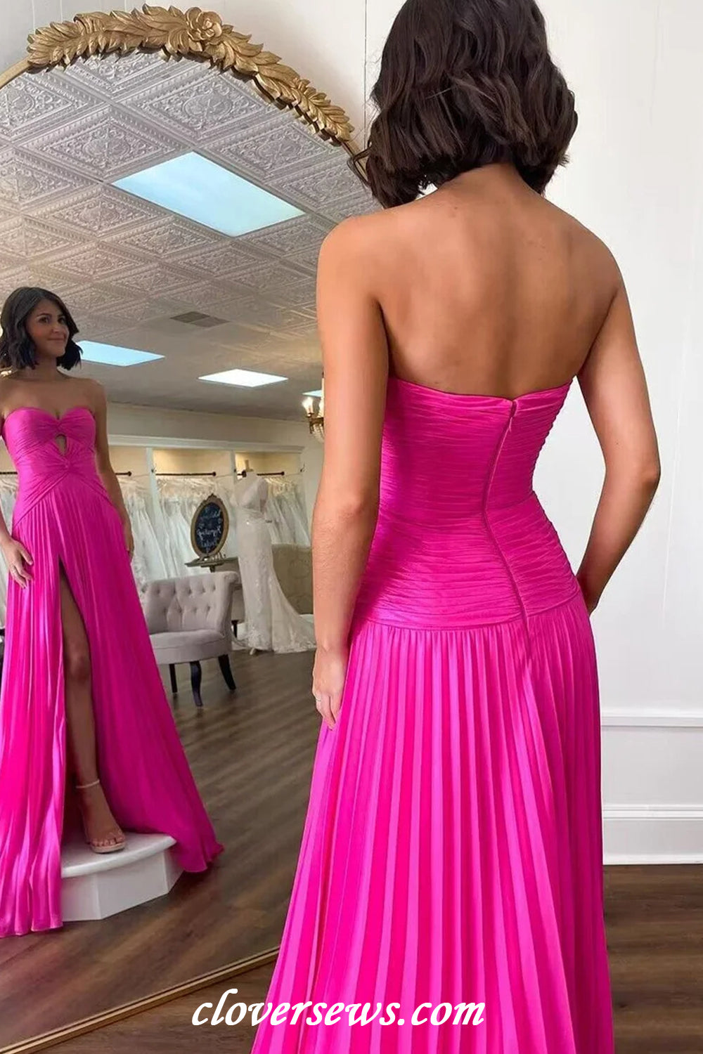 Hot Pink Pleating Chiffon Sweetheart Strapless A-line With Side Slit Long Bridesmaid Dresses, CB0323
