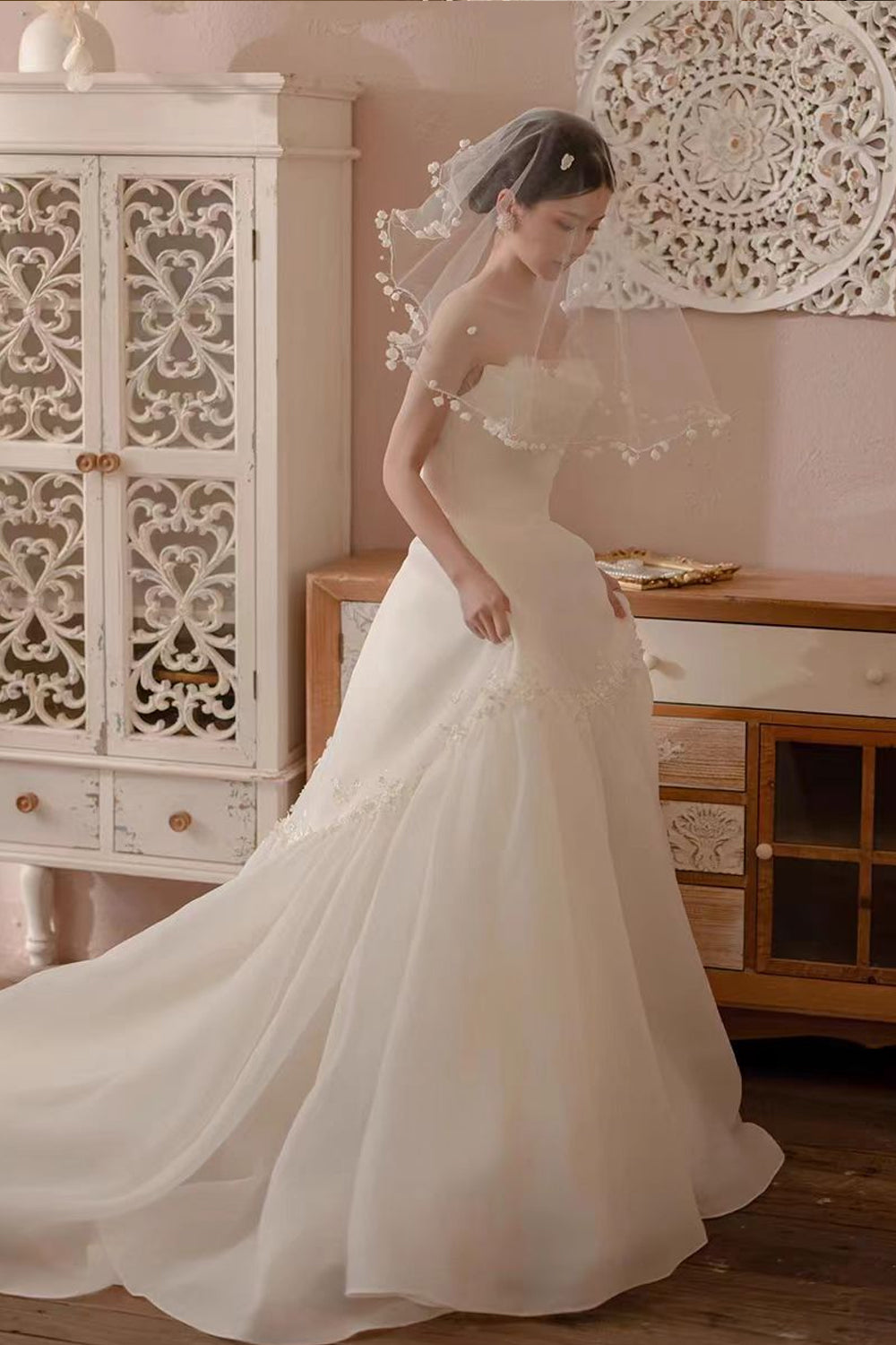 Ivory Organza Floral Applique Strapless A-line Charming Spring Wedding Dresses, CW0407