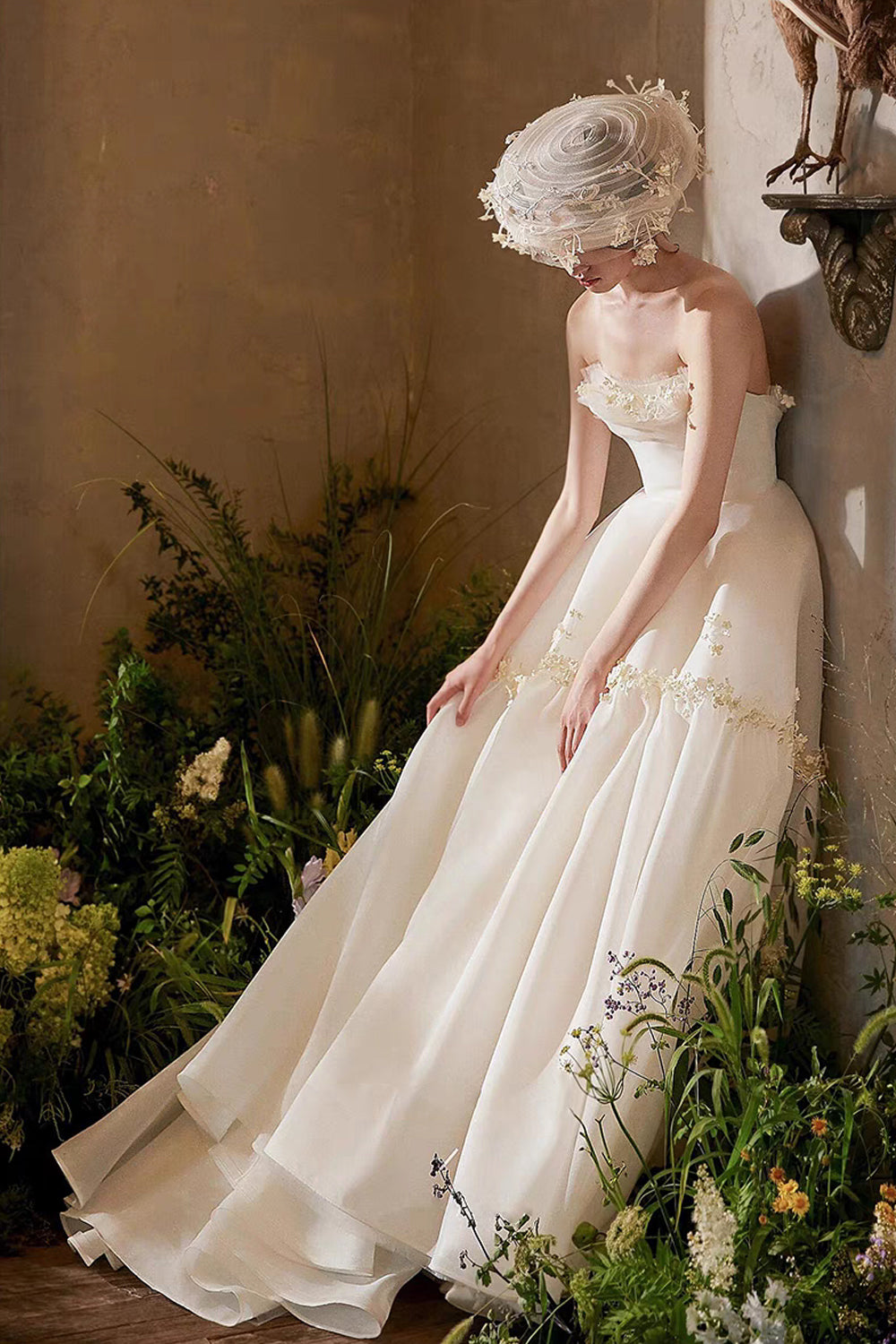 Ivory Organza Floral Applique Strapless A-line Charming Spring Wedding Dresses, CW0407