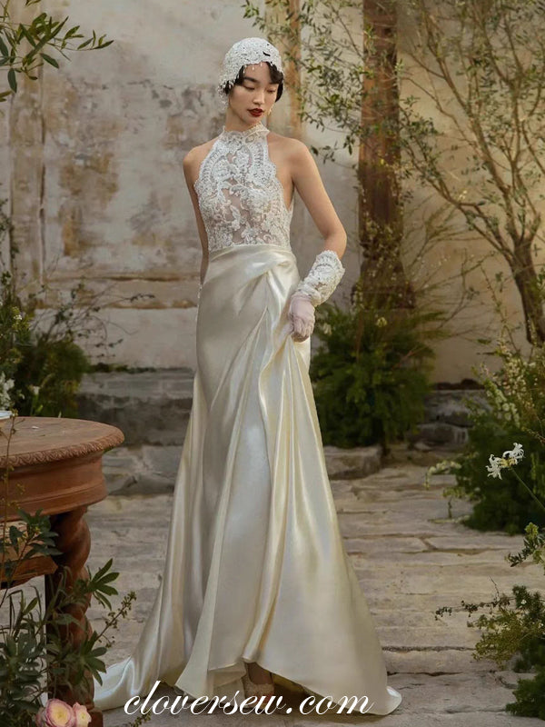 Ivory Silk Satin Illusion Lace Top Jewel Neck Vintage Wedding Dresses, CW0381 Ivory Silk Satin Illusion Lace Top Jewel Neck Vintage Wedding Dresses, CW0381