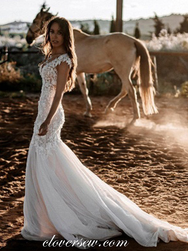 Lace Applique Cap Sleeves Open Back Mermaid Country Wedding Dresses, CW0353 Lace Applique Cap Sleeves Open Back Mermaid Country Wedding Dresses, CW0353