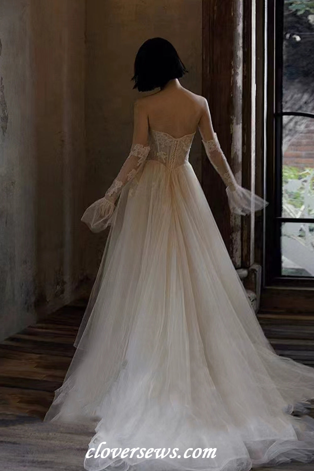 Lace Applique Tulle Strapless Lace Up Back A-line Wedding Dresses, CW0394