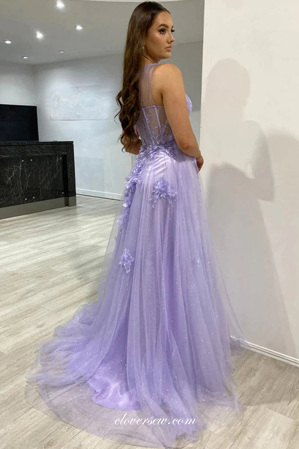 Lavender Tulle Glitter 3D Applique One Shoulder A-line With Slit Prom Dresses, CP1020