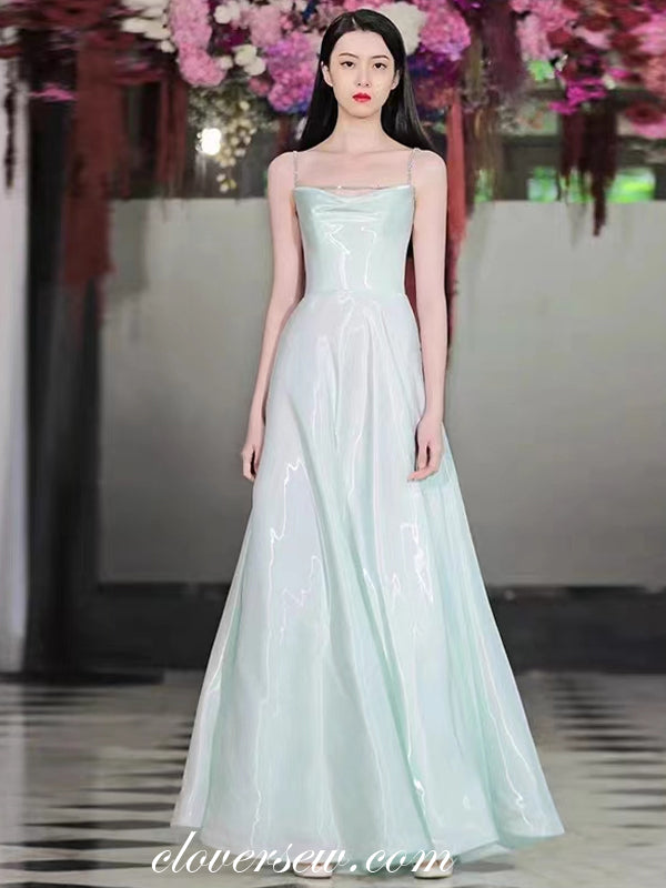 Light Green Shiny Satin Beading Spaghetti Straps A-line Prom Dresses, clover sew Light Green Shiny Satin Beading Spaghetti Straps A-line Prom Dresses, clover sew
