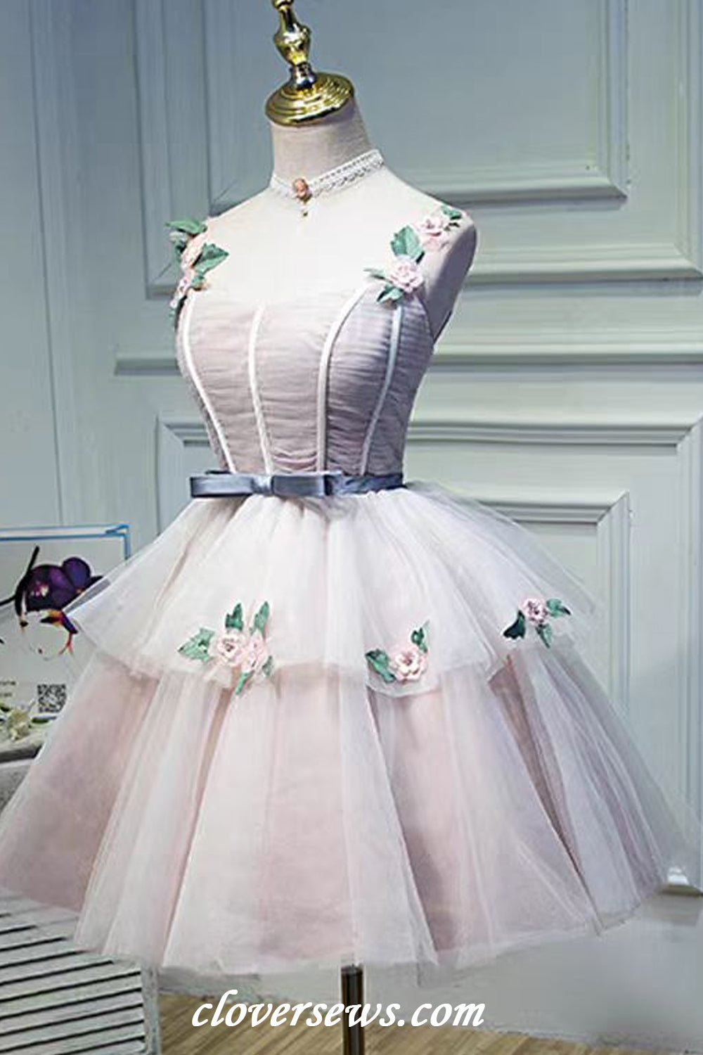 Light Pink Tulle Handmade Flower Applique Elegant Short Princess Hoco Dresses, CH0085