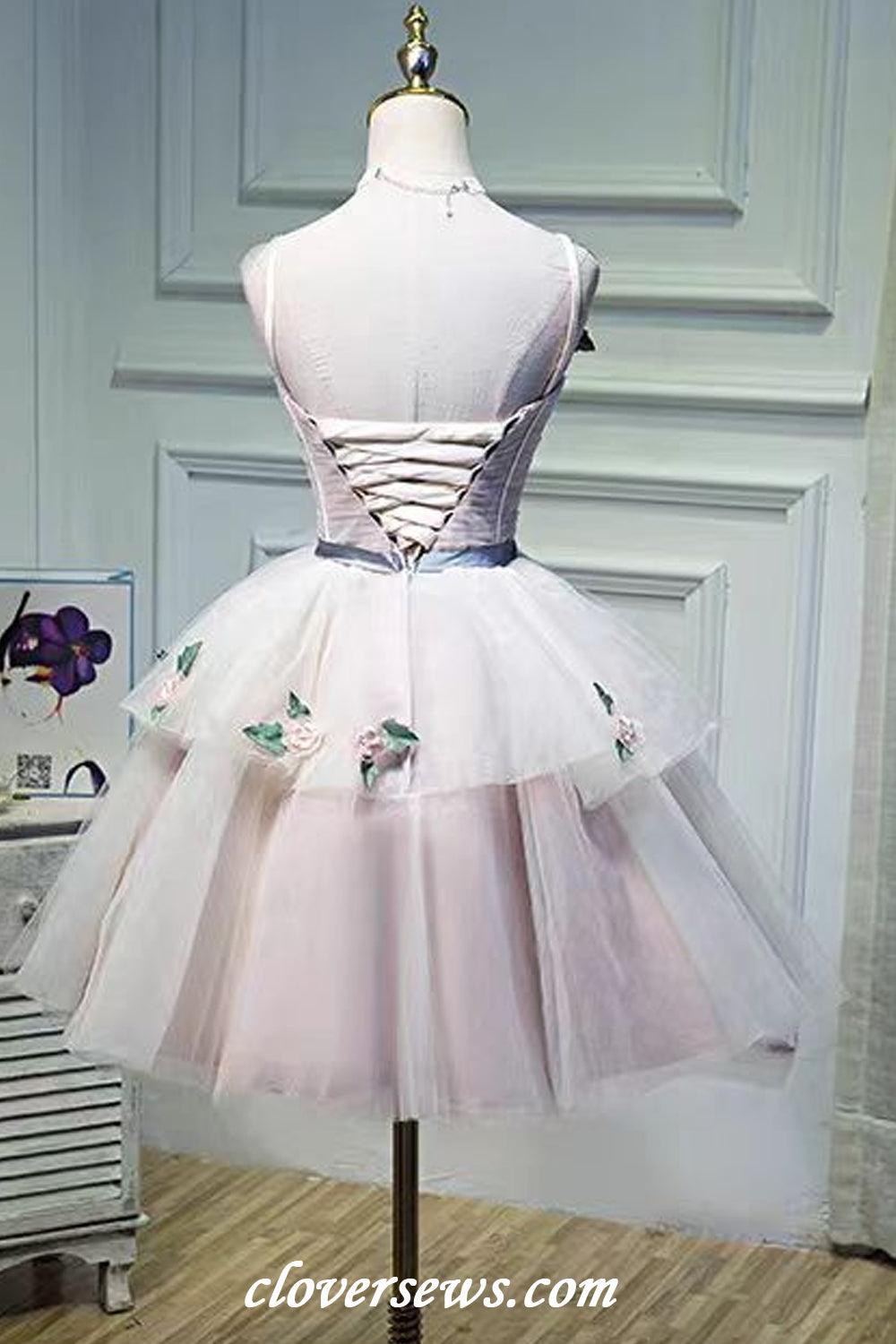 Light Pink Tulle Handmade Flower Applique Elegant Short Princess Hoco Dresses, CH0085