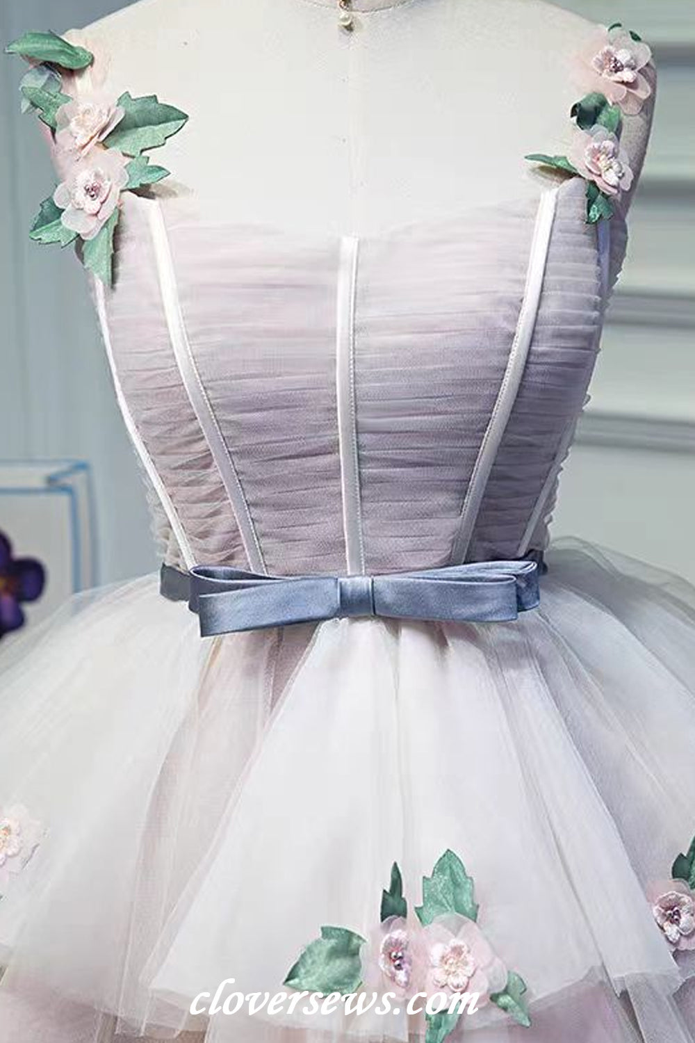 Light Pink Tulle Handmade Flower Applique Elegant Short Princess Hoco Dresses, CH0085