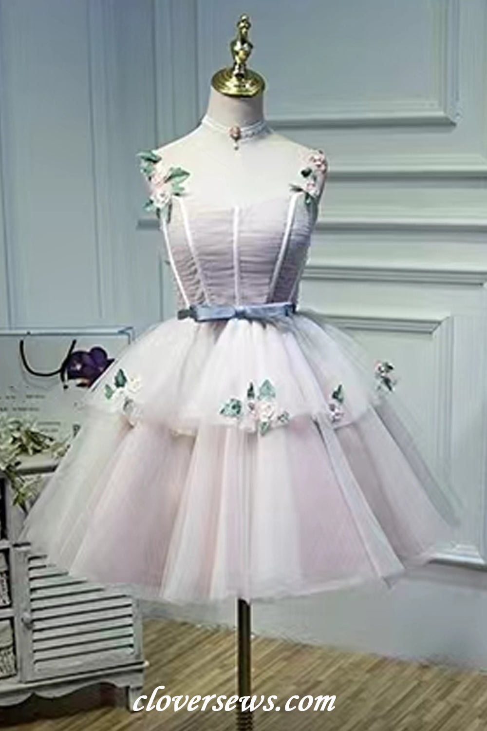 Light Pink Tulle Handmade Flower Applique Elegant Short Princess Hoco Dresses, CH0085