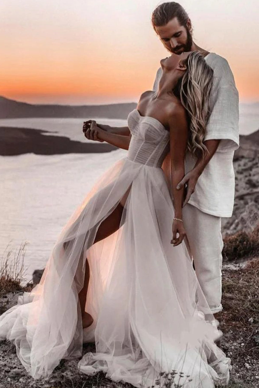 Light Pink Tulle Pleating Strapless A-line High Slit Beach Wedding Dresses, CW0426