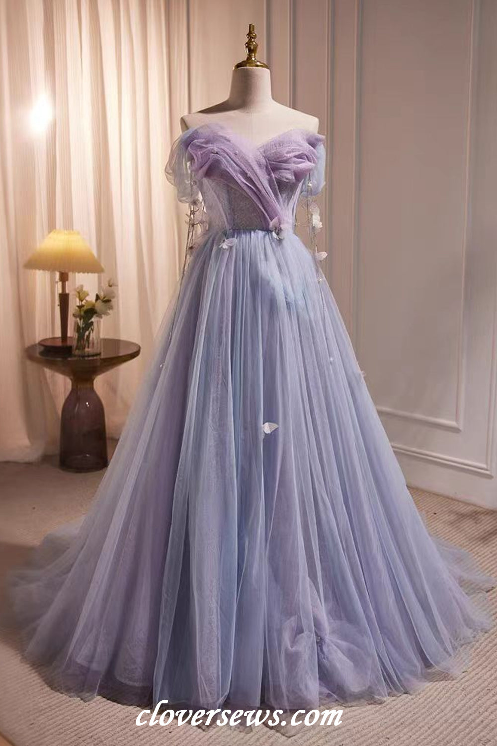 Lilac Glitter Tulle Off The Shoulder Butterfly Applique Short Hoco Dresses, CH0087
