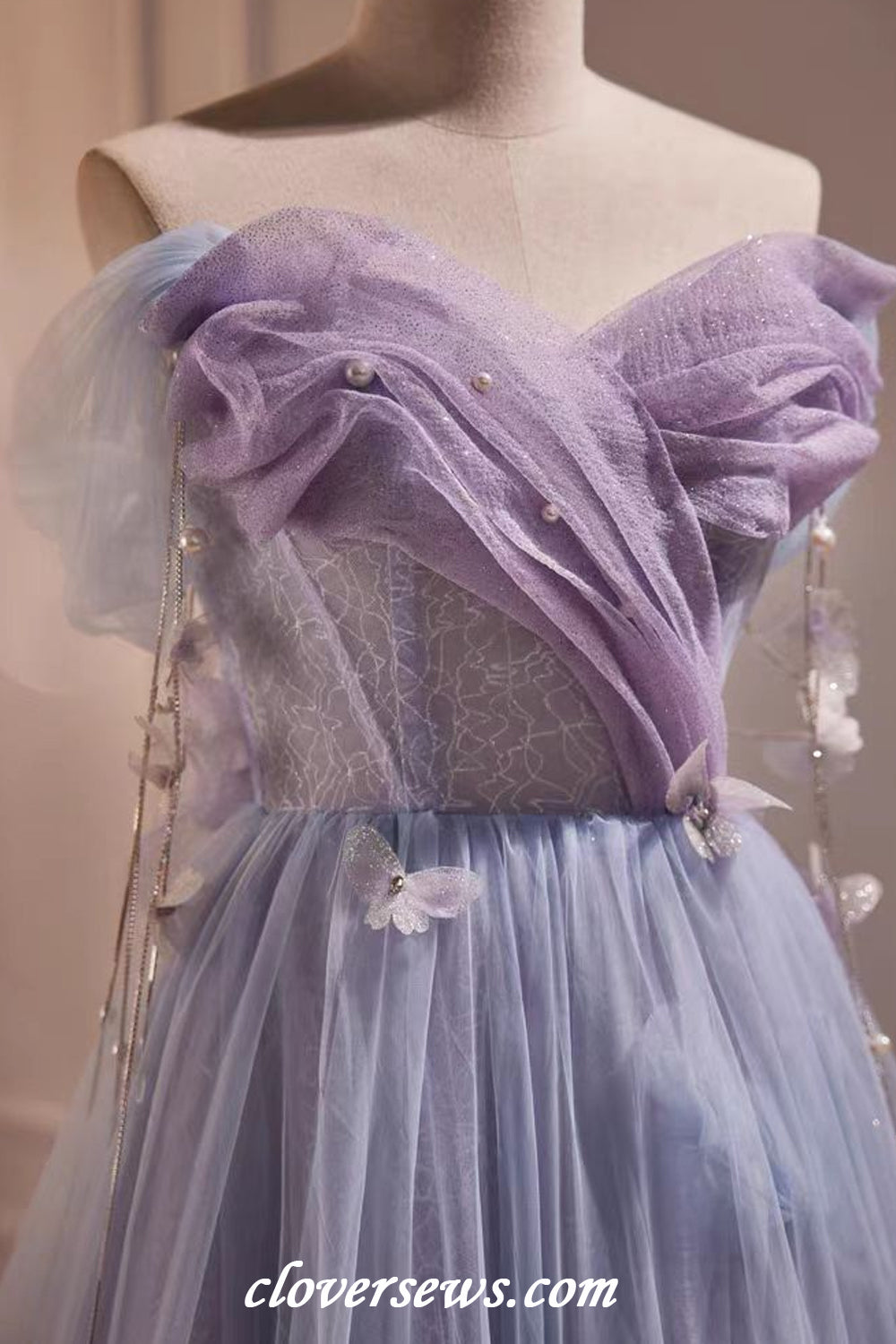 Lilac Glitter Tulle Off The Shoulder Butterfly Applique Short Hoco Dresses, CH0087