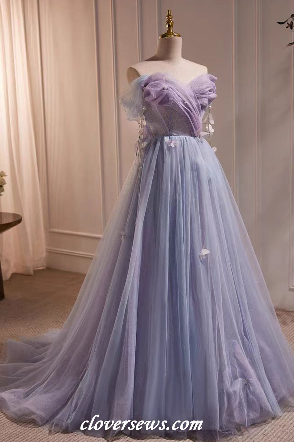 Lilac Glitter Tulle Off The Shoulder Butterfly Applique Short Hoco Dresses, CH0087