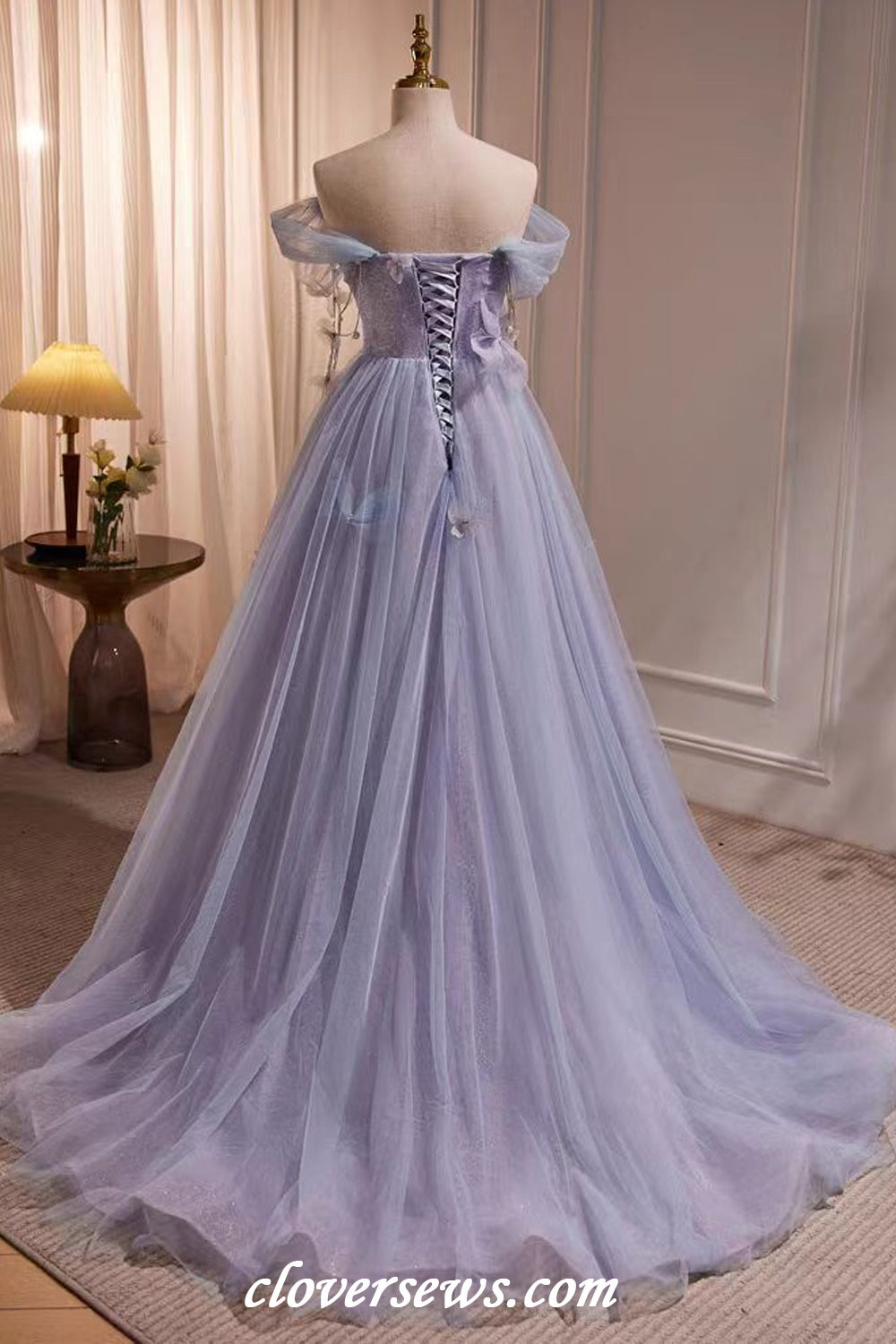 Lilac Glitter Tulle Off The Shoulder Butterfly Applique Short Hoco Dresses, CH0087