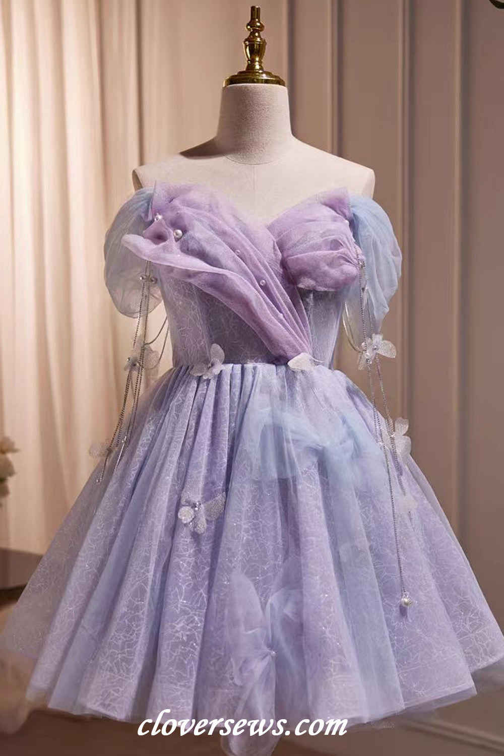 Lilac Glitter Tulle Off The Shoulder Butterfly Applique Short Hoco Dresses, CH0087