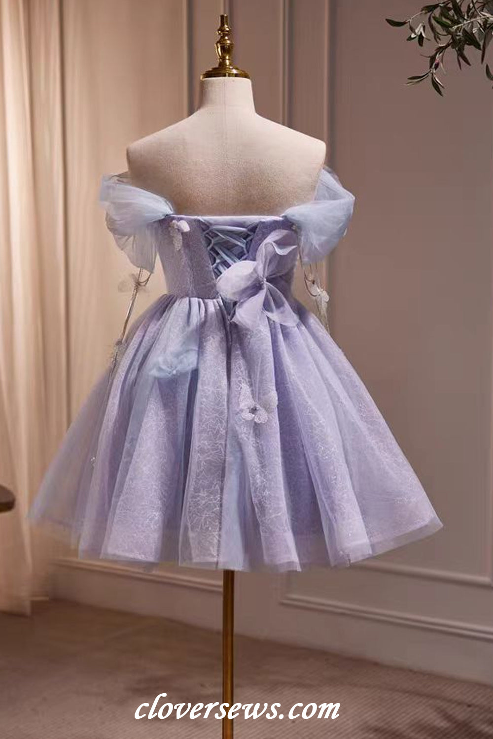Lilac Glitter Tulle Off The Shoulder Butterfly Applique Short Hoco Dresses, CH0087