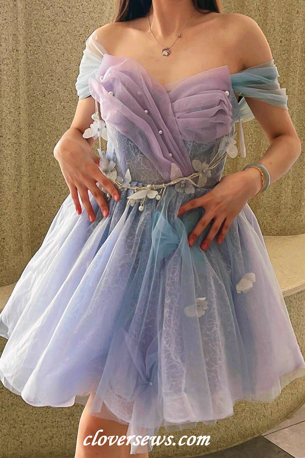 Lilac Glitter Tulle Off The Shoulder Butterfly Applique Short Hoco Dresses, CH0087