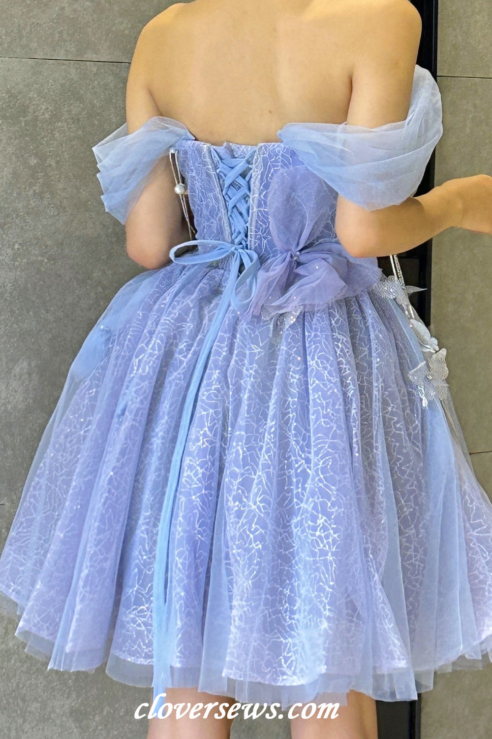 Lilac Glitter Tulle Off The Shoulder Butterfly Applique Short Hoco Dresses, CH0087