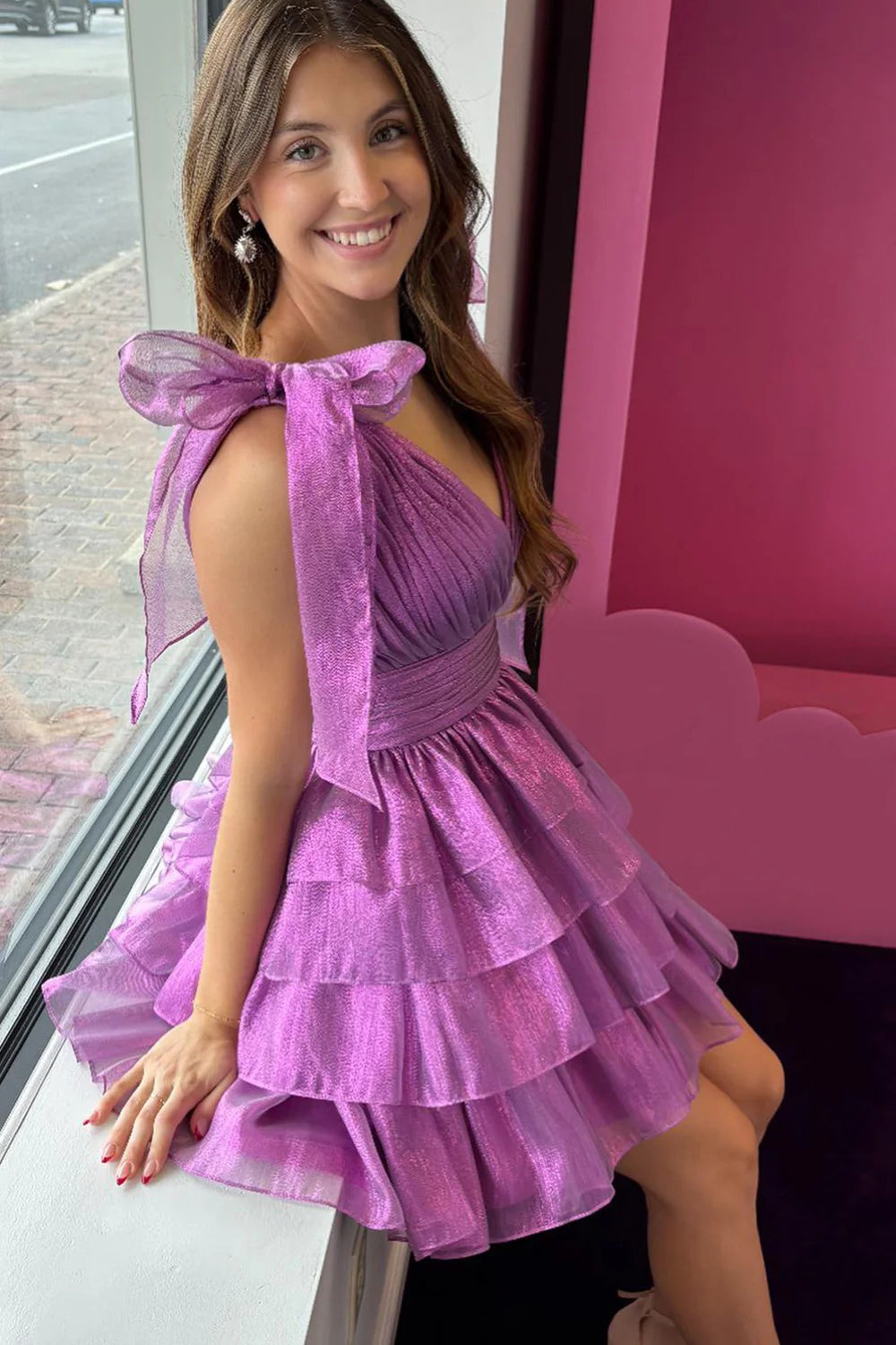 Lilac Organza V-neck Sleeveless A-line Tiered Short Homecoming Dresses,CH0116