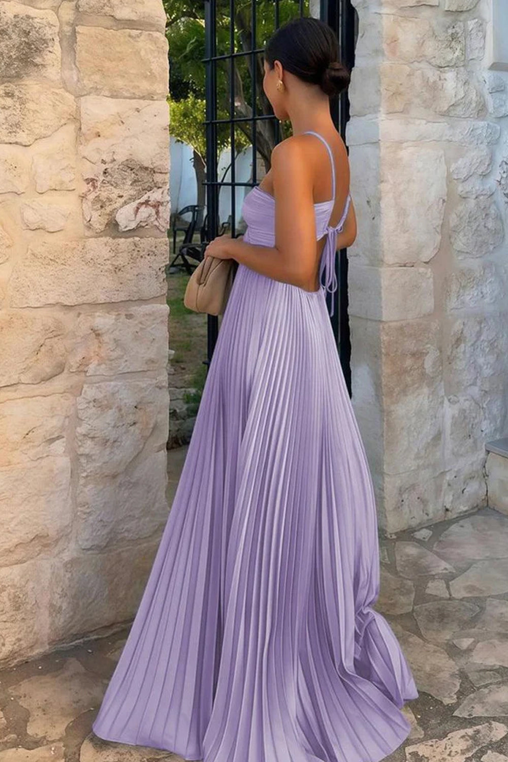 Lilac Pleating Chiffon Spaghetti Strap Open Back Bridesmaid Dresses, CB0340