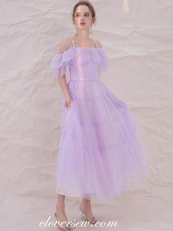 tea length bridesmaid dresses purple Cute Dark Purple Knee Length Satin Bridesmaid Dress, Lace Floral Party Dress