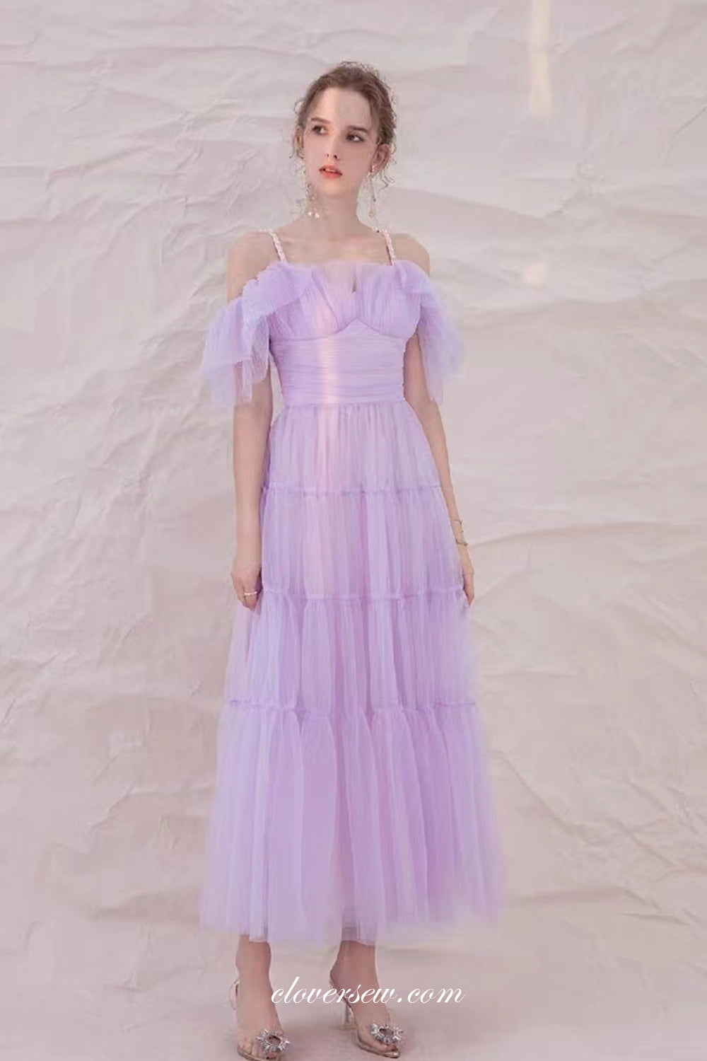 Lilac Pleating Tulle Off The Shoulder Tea Length Wedding Party Bridesmaid Dresses, CB0295