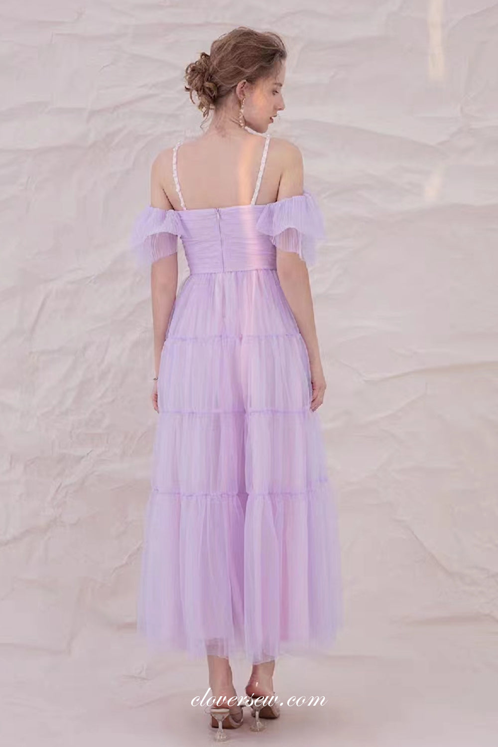 Lilac Pleating Tulle Off The Shoulder Tea Length Wedding Party Bridesmaid Dresses, CB0295