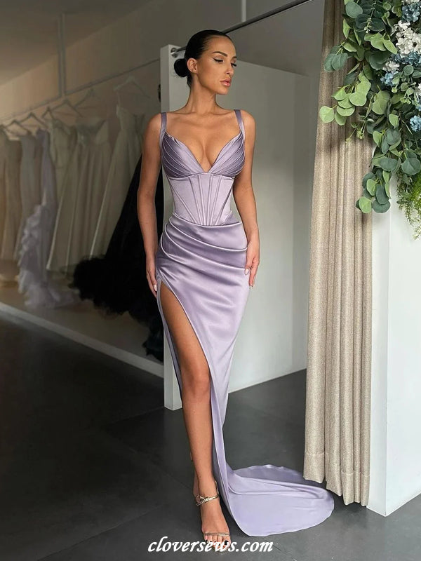 Lilac Silk Satin Sleeveless V-neck Sheath High Slit Formal Dresses, CP1162 Lilac Silk Satin Sleeveless V-neck Sheath High Slit Formal Dresses, CP1162