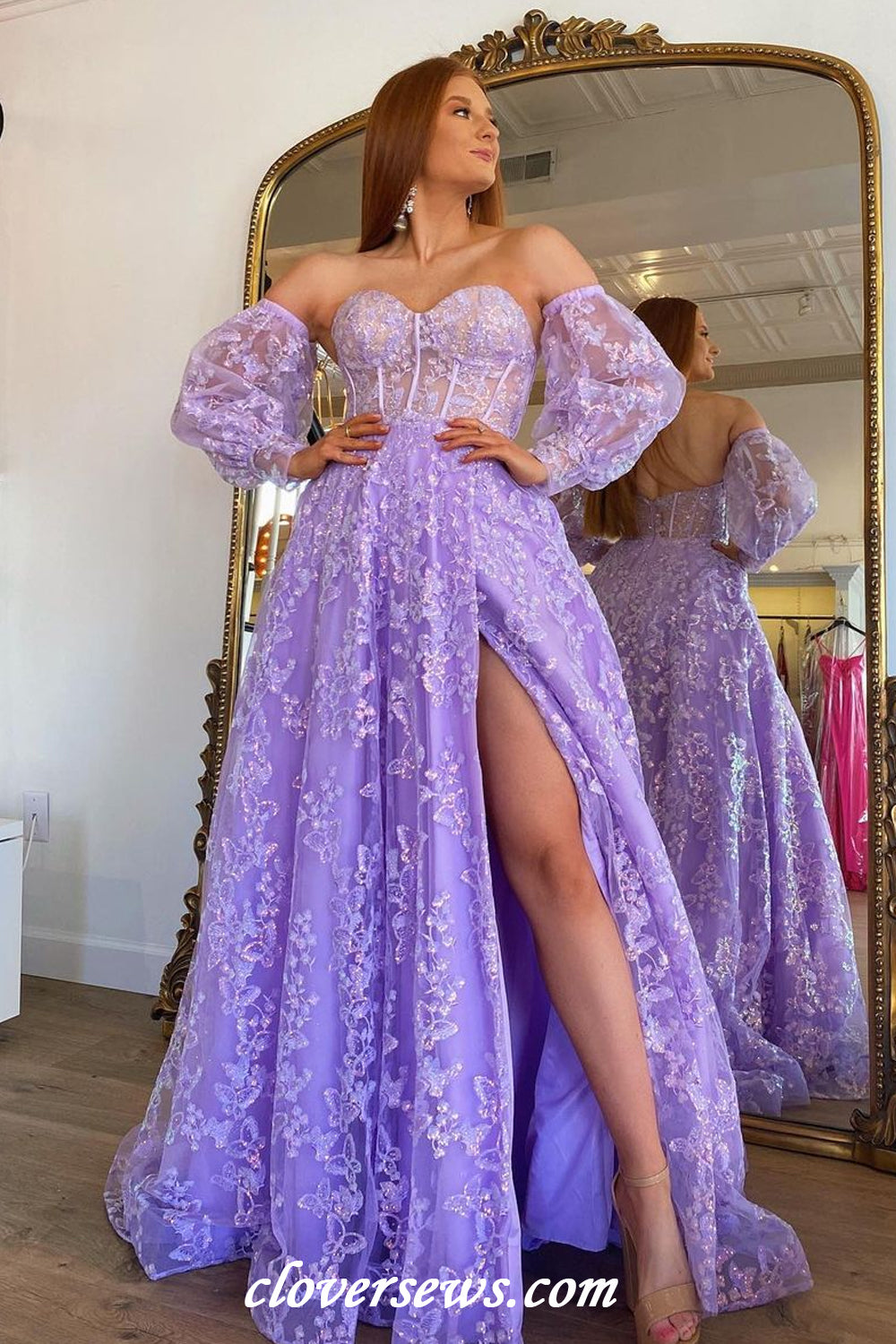 Lilac Lace Corset Sweetheart Strapless A-line Prom Dresses, CP1191