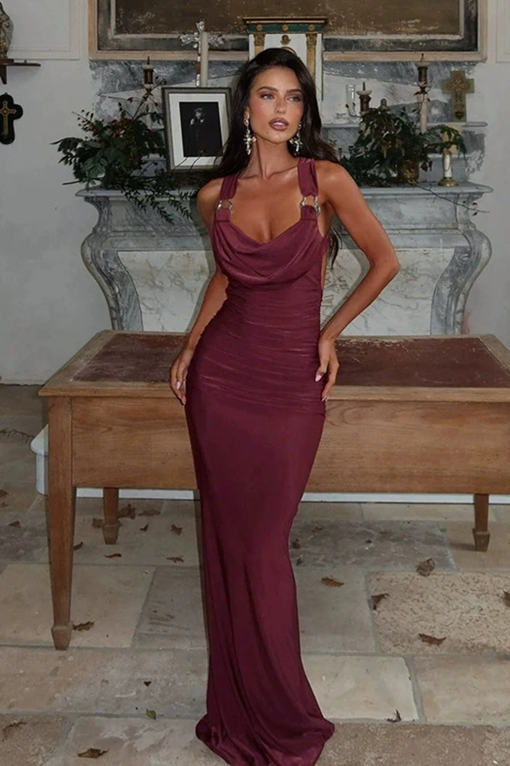 Maroon Jersey Cowl Neck Open Back Mermaid Sexy Evening Dresses, CP1054