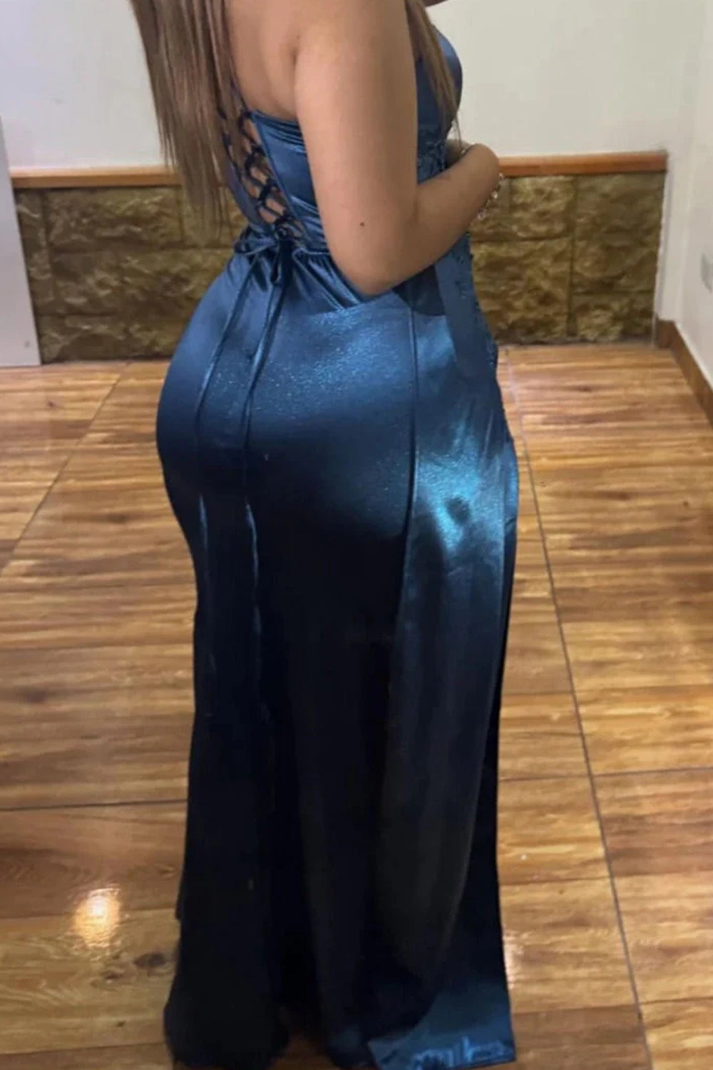 Navy Elastic Satin Lace Applique Sheath High Slit Prom Dresses, CP1083