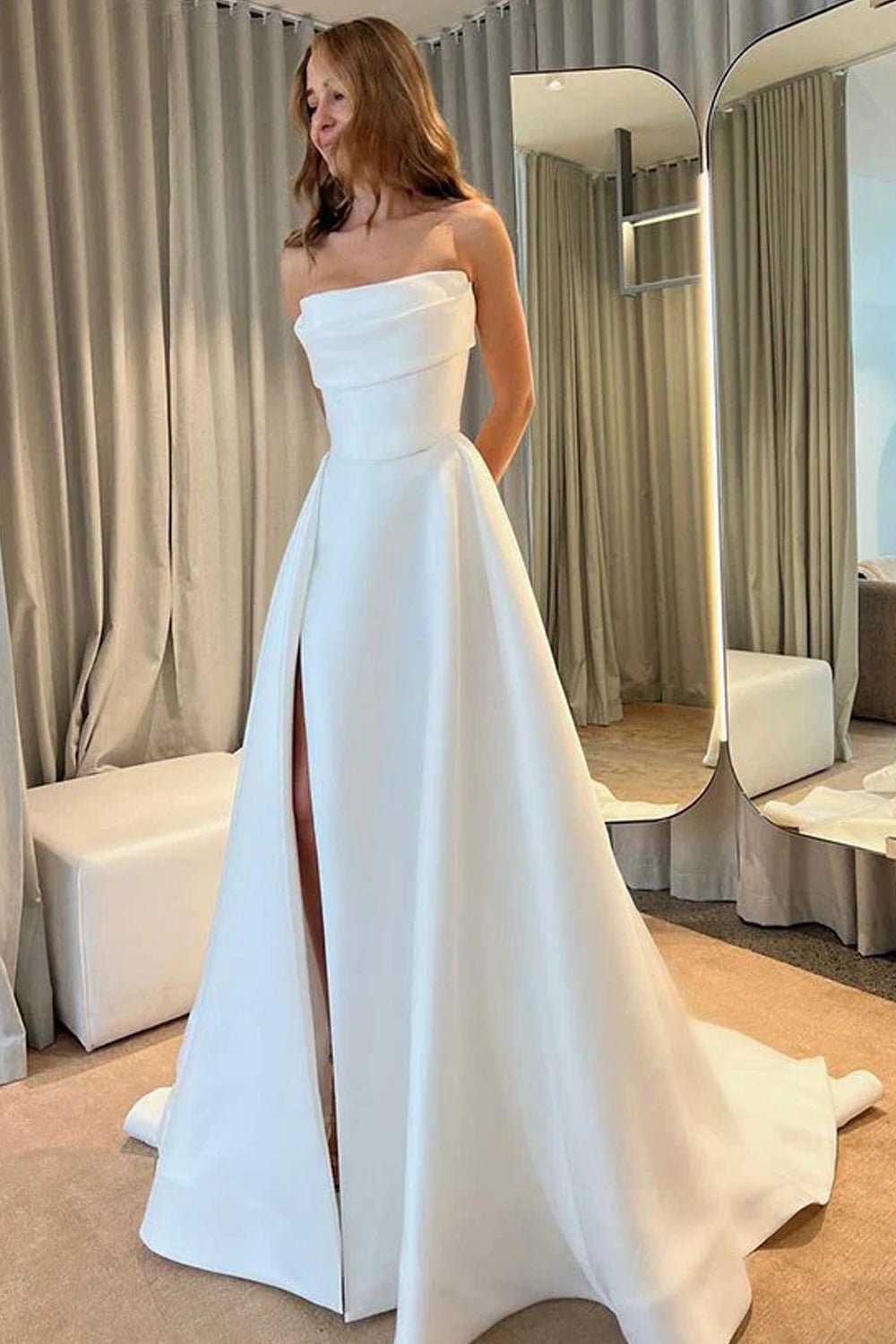 Off White Fashion Satin Strapless A-line Wedding Bridal Dresses, CW0425