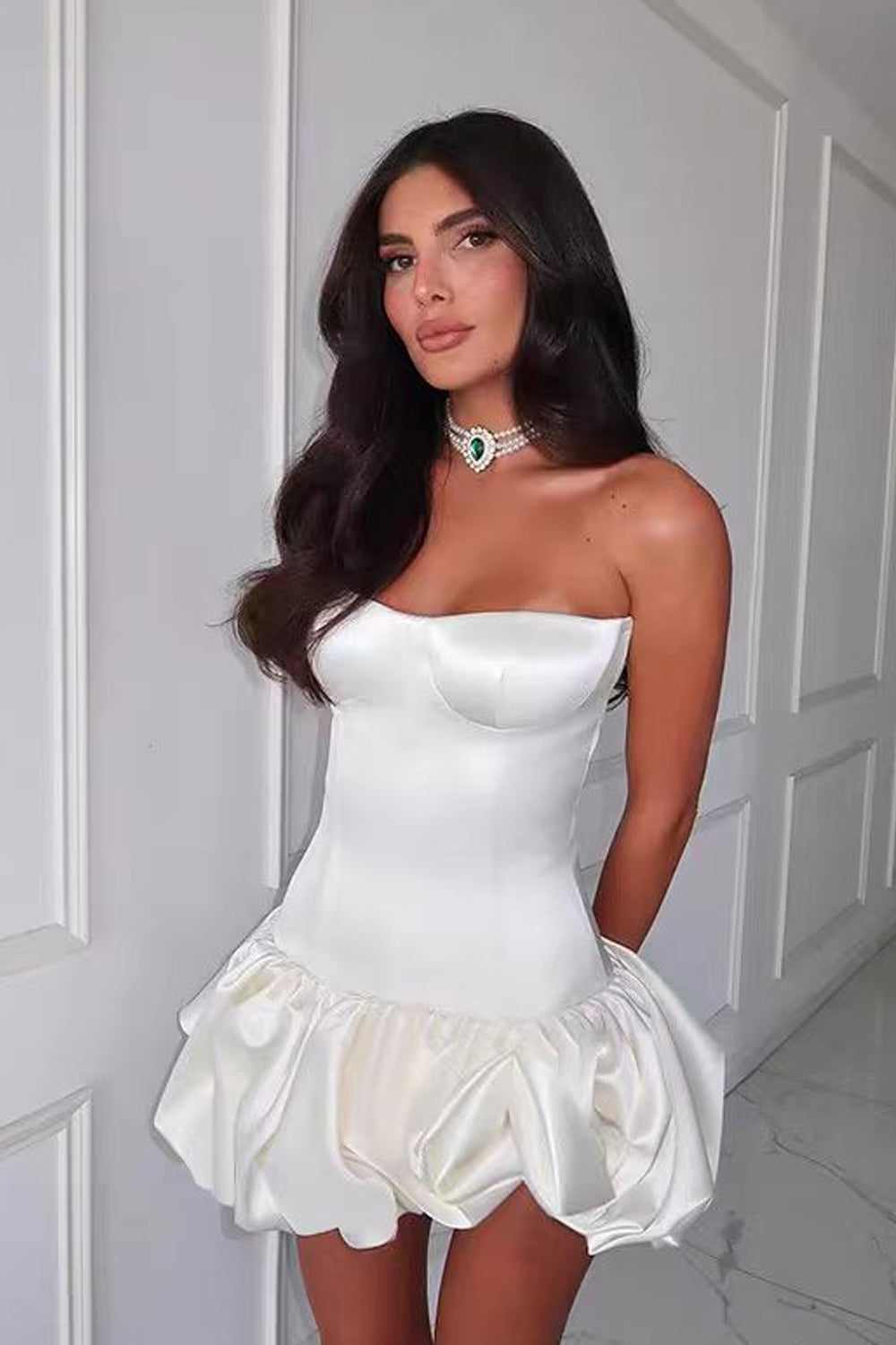 Off White Satin Bubble Bottom Fashion Strapless Mini Formal Dresses, CH0104