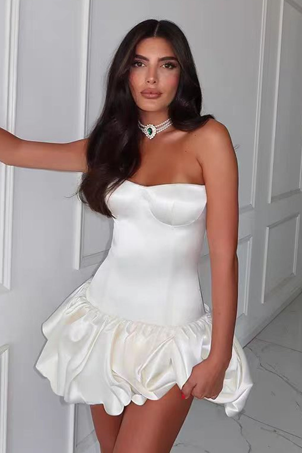 Off White Satin Bubble Bottom Fashion Strapless Mini Formal Dresses, CH0104