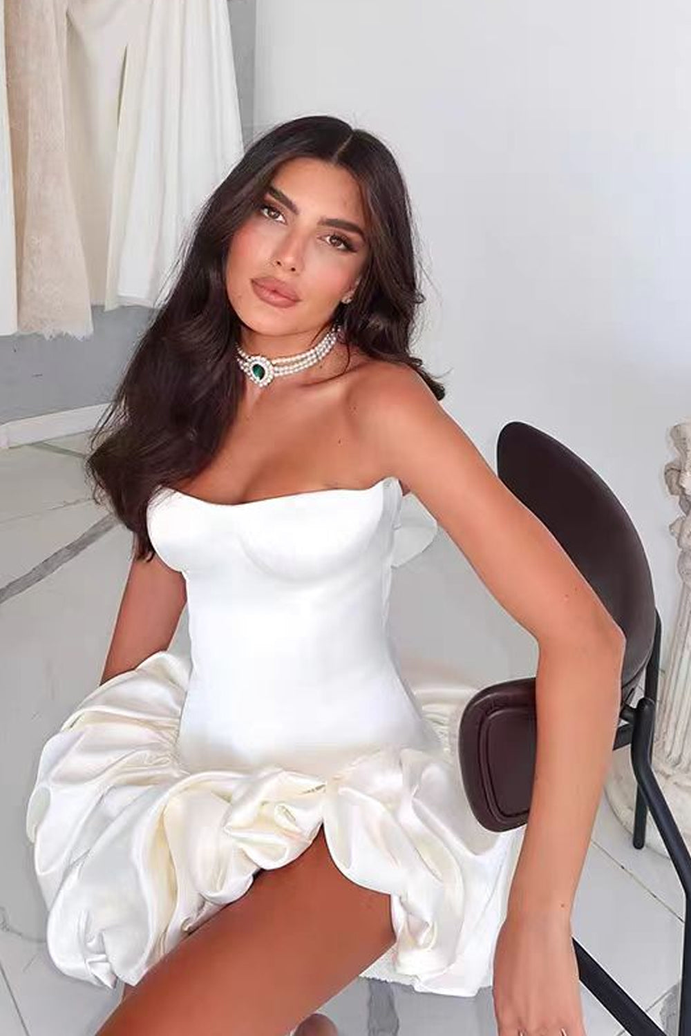Off White Satin Bubble Bottom Fashion Strapless Mini Formal Dresses, CH0104