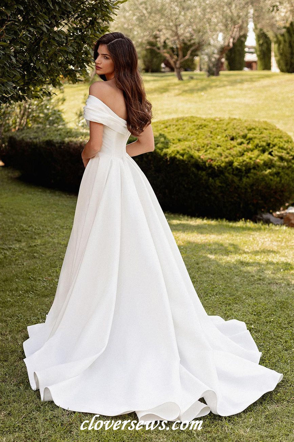 Off White Satin Pleating Off The Shoulder A-line Vintage Wedding Dresses, CW0392