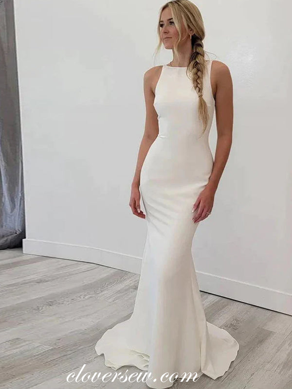 Off White Satin Sleeveless Backless Mermaid Charming Wedding Dresses, clover sew Off White Satin Sleeveless Backless Mermaid Charming Wedding Dresses, clover sew
