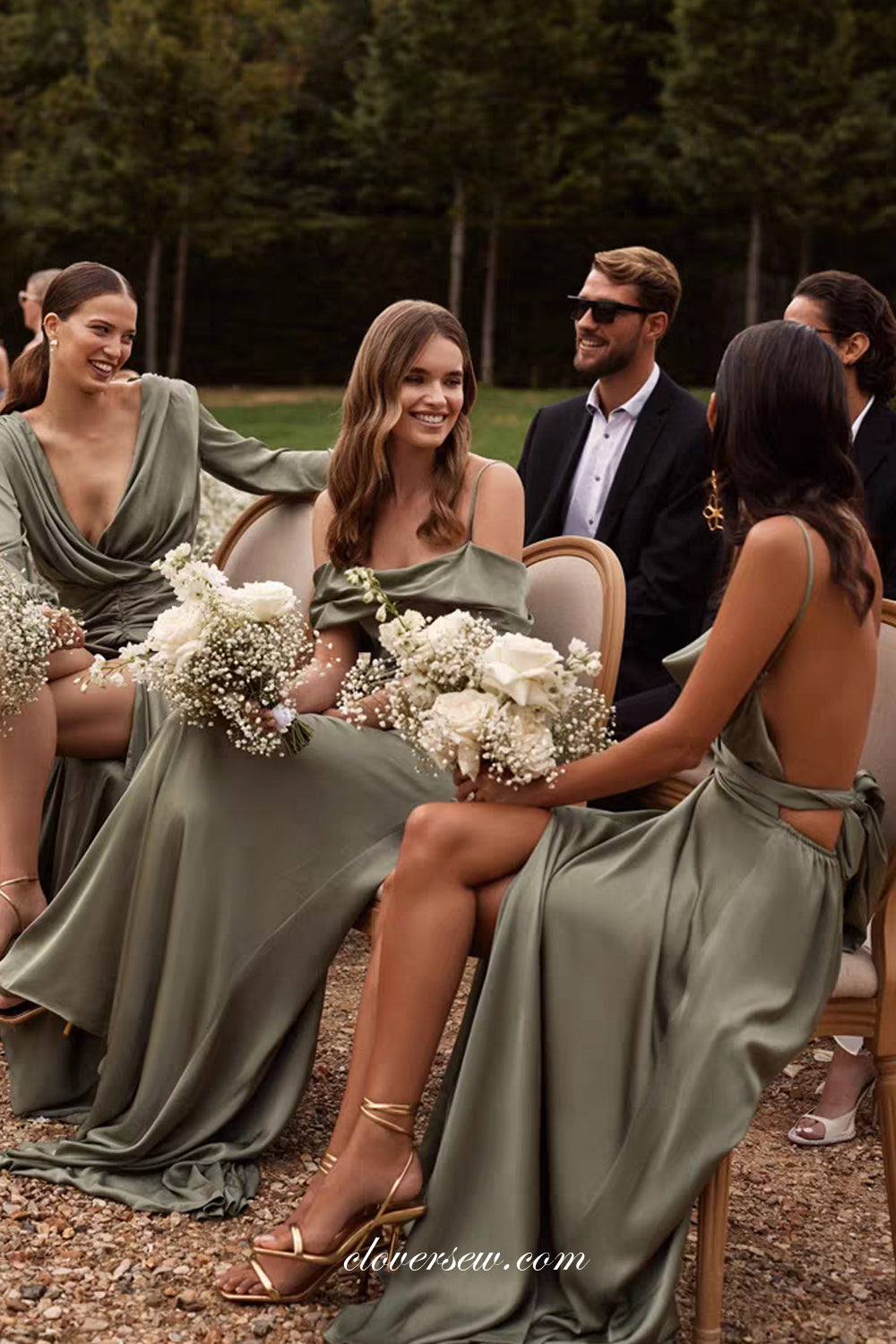 Olive Green Mismatched Fashion Silk Satin Sheath With Slit Long Bridesmaid Dresses, CB0307