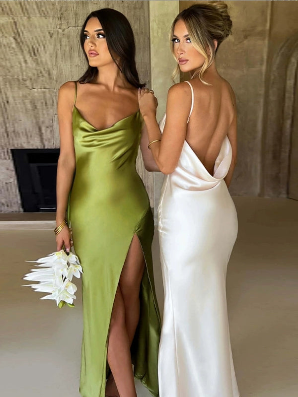 Olive Green Silk Satin Cowl Back Sheath High Slit Bridesmaid Dresses, CB0335
