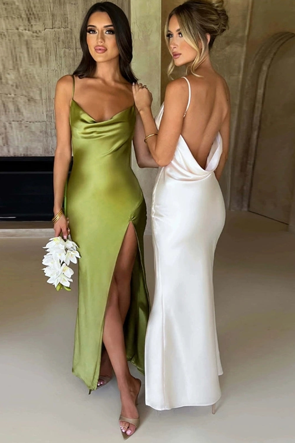 Olive Green Silk Satin Cowl Back Sheath High Slit Bridesmaid Dresses, CB0335
