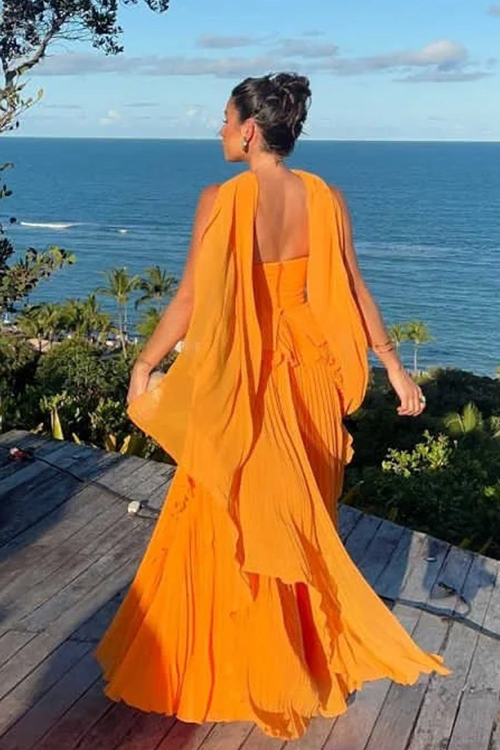 Orange Pleating Chiffon Strapless Ruffles A-line With Shawl Prom Dresses, CP1096