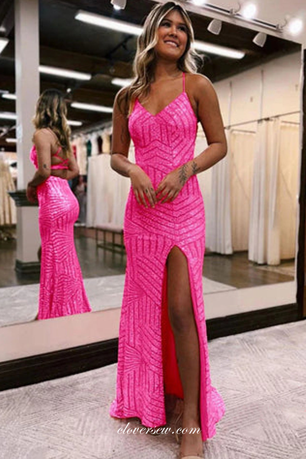 Orange Sequined Tulle Spaghetti Strap Open Back Side Slit Prom Dresses, CP1028