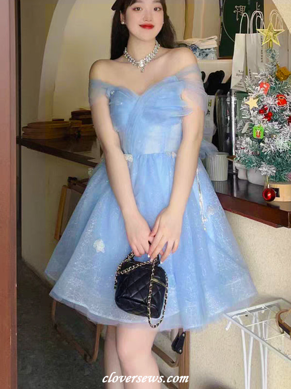 Pale Blue Glitter Tulle Off The Shoulder Butterfly Applique Short Hoco Dresses, CH0088 US6 / As Pic Pale Blue Glitter Tulle Off The Shoulder Butterfly Applique Short Hoco Dresses, CH0088 US6 / As Pic