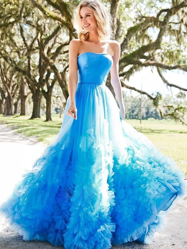 Pale Blue Satin Pleating Tulle Strapless A-line Prom Dresses, CP1205
