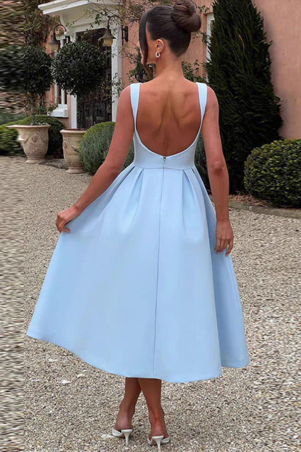 Pale Blue Satin Vintage Sleeveless A-line Tea-length A-line Formal Party Dresses, CH0107